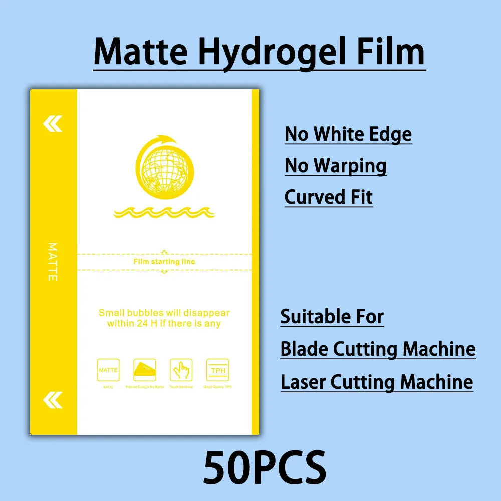 Matte hydrogel film sheet set for cutting machines, 50 pcs, curved fit privacy protection.