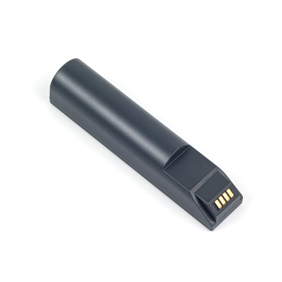 Black barcode scanner battery with gold contact pins on the end
