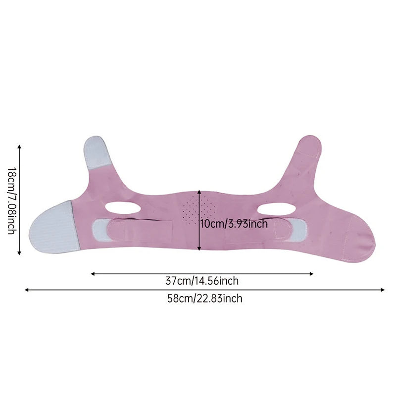 Pink, adjustable facial slimming strap with Velcro fasteners and ear cutouts, labeled with 10cm, 18cm, and 58cm