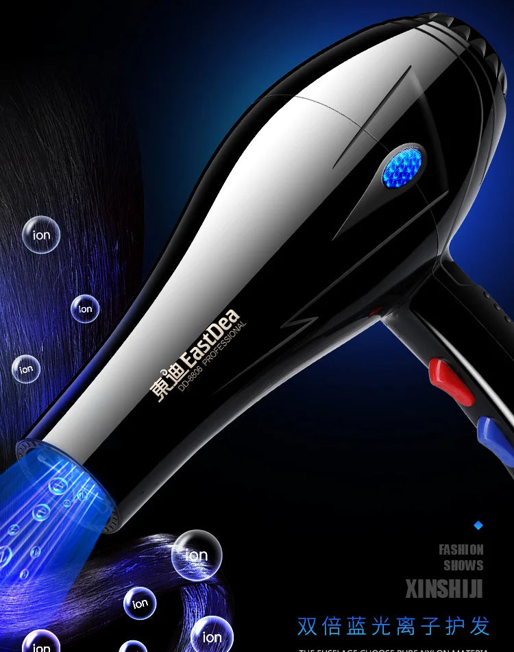 Black 1800W professional ionic hair dryer with blue light therapy for fast, damage-free drying and salon results.
