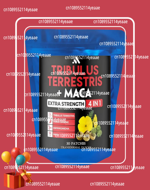 Blue pack of 30 stress-relief ashwagandha supplement patches with maca and tribulus for adaptogen support.