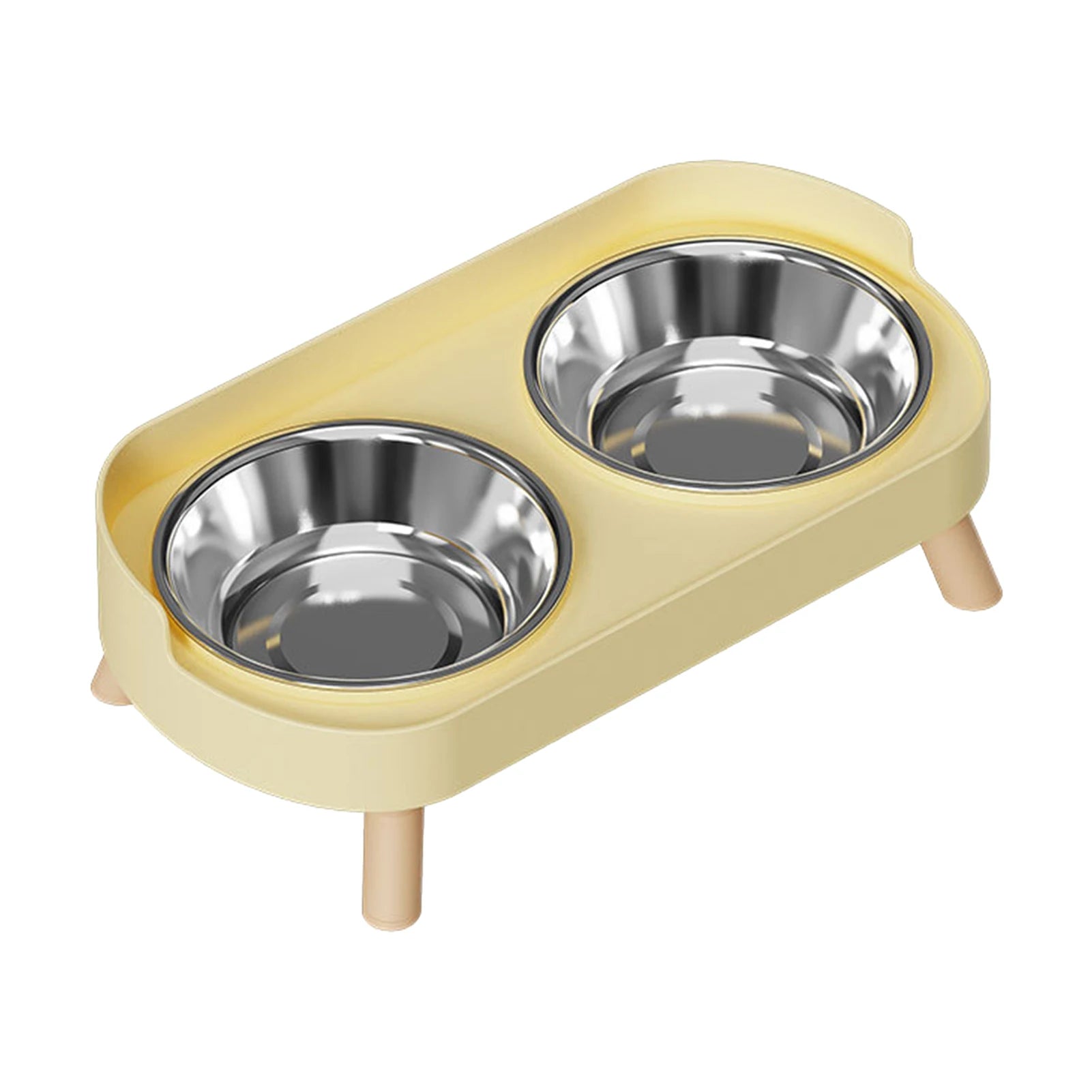 Elevated stainless steel dual pet bowl in yellow for cats and dogs, ergonomic anti-slip design for cervical support.