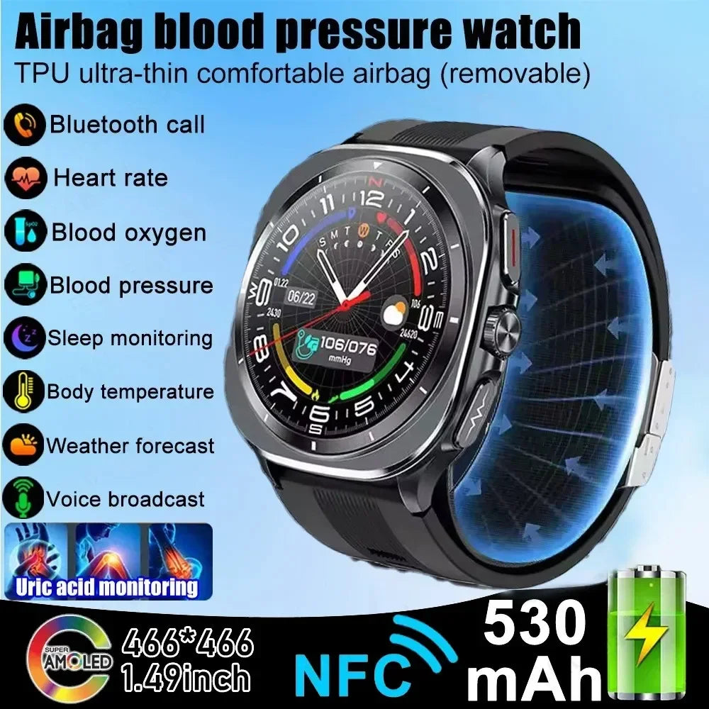 Black round smartwatch with NFC, heart-rate display and blood-pressure monitor