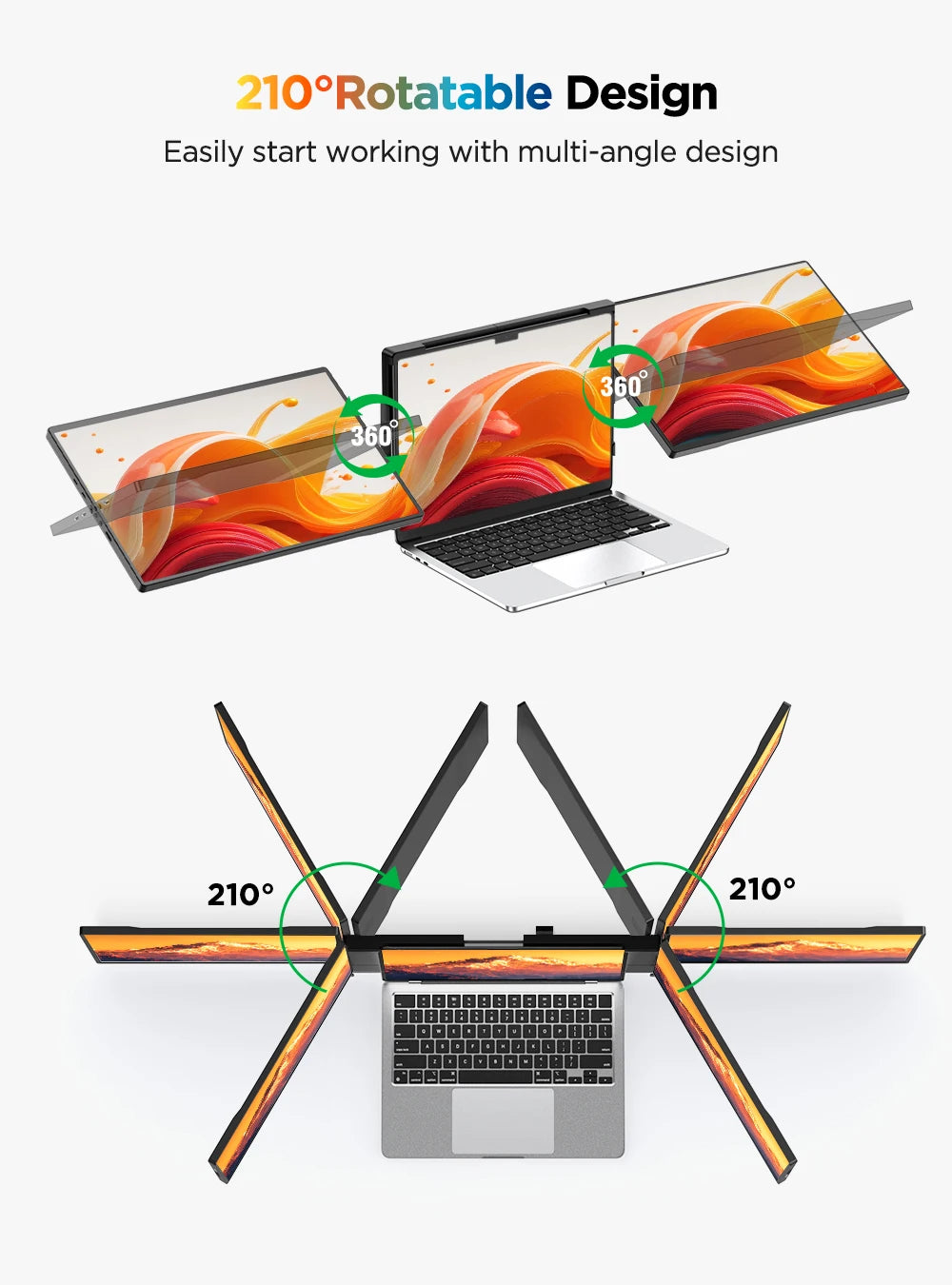 UPERFECT 14" 2K Triple Portable Monitor with 360° Rotation Stand 2240x1400 QHD IPS Laptop Screen Extender for Windows Chrome Mac