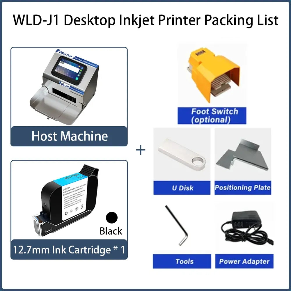 Desktop inkjet printer packing list with foot switch, U disk, positioning plate, and tools