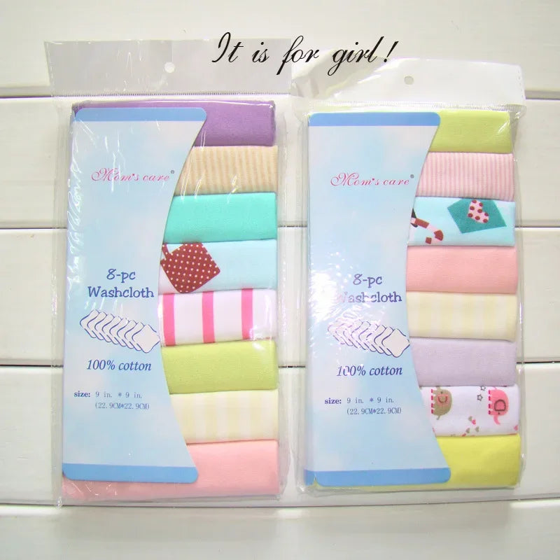 Mom's Care 8-pc cotton baby washcloth set, 9x9 inch, assorted girl designs for gentle baby care.