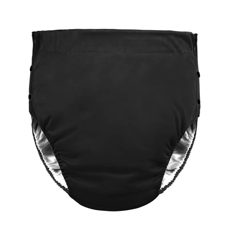 Solid black reusable baby diaper cover with side snap buttons for adjustable, waterproof baby care protection.