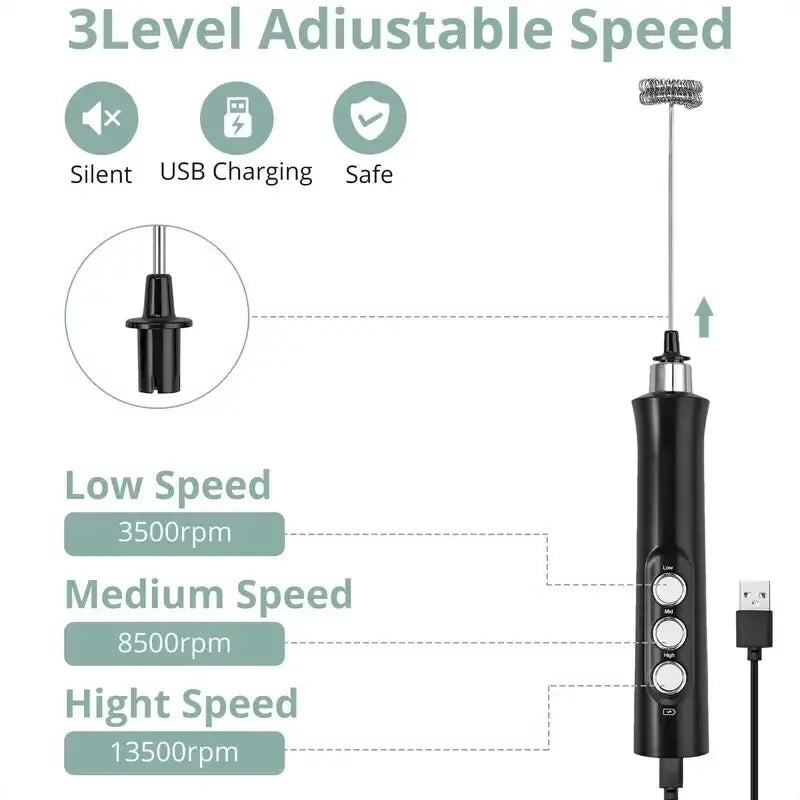 Black electric handheld milk frother with 3 adjustable speeds, USB charging, and stainless steel whisk attachment.