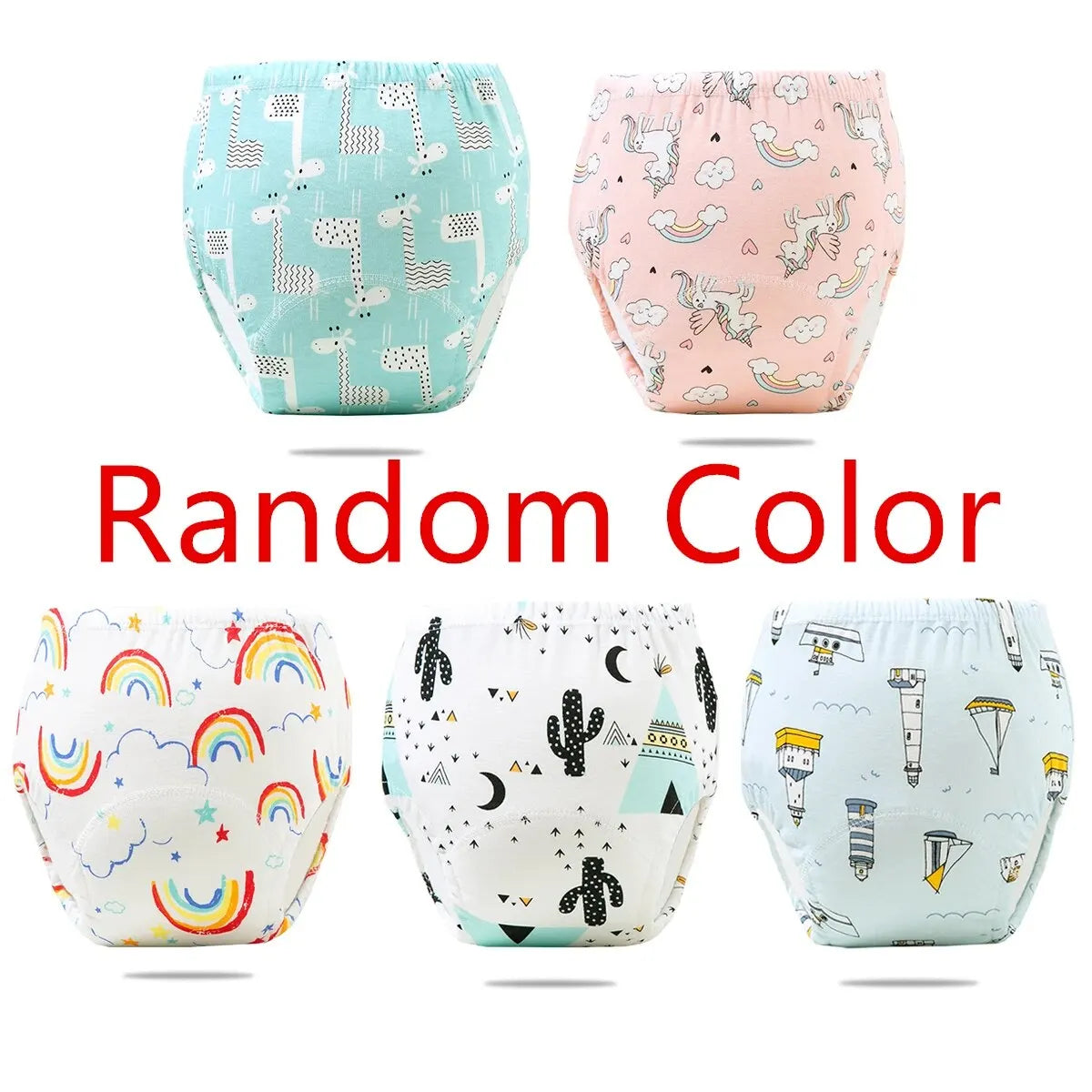 Reusable baby potty training diaper pants, 5-pack with assorted cute prints, soft infant care cotton underwear.