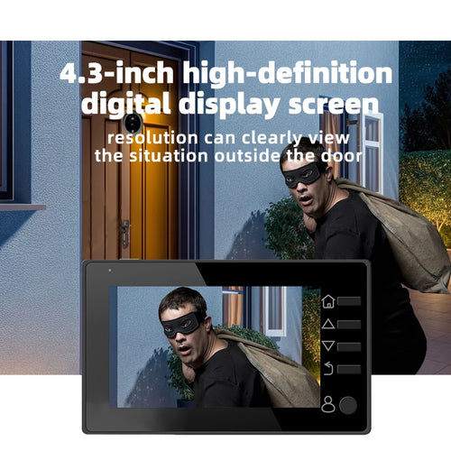 Black video doorbell peephole with 4.3-inch digital display showing outside view