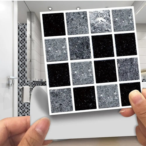 Self-adhesive 3D mosaic tile sticker sheet, black and silver glitter square tiles