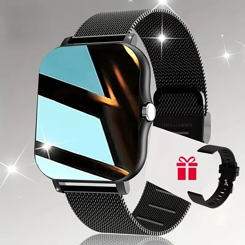 Smart watch with black case and black mesh strap, gift icon on strap
