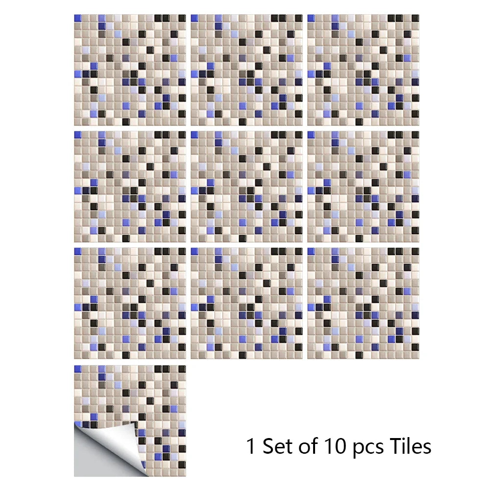 Beige and blue mosaic tile wall sticker set with small square tiles, 10 pieces