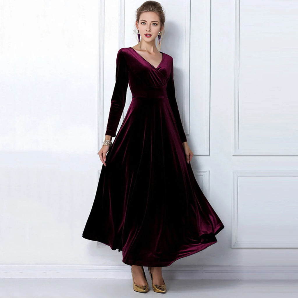 Vintage Women Autumn Long Sleeve V Neck Pleated Velvet Banquet Party Maxi Dress Party Wedding Elegant Evening dress 