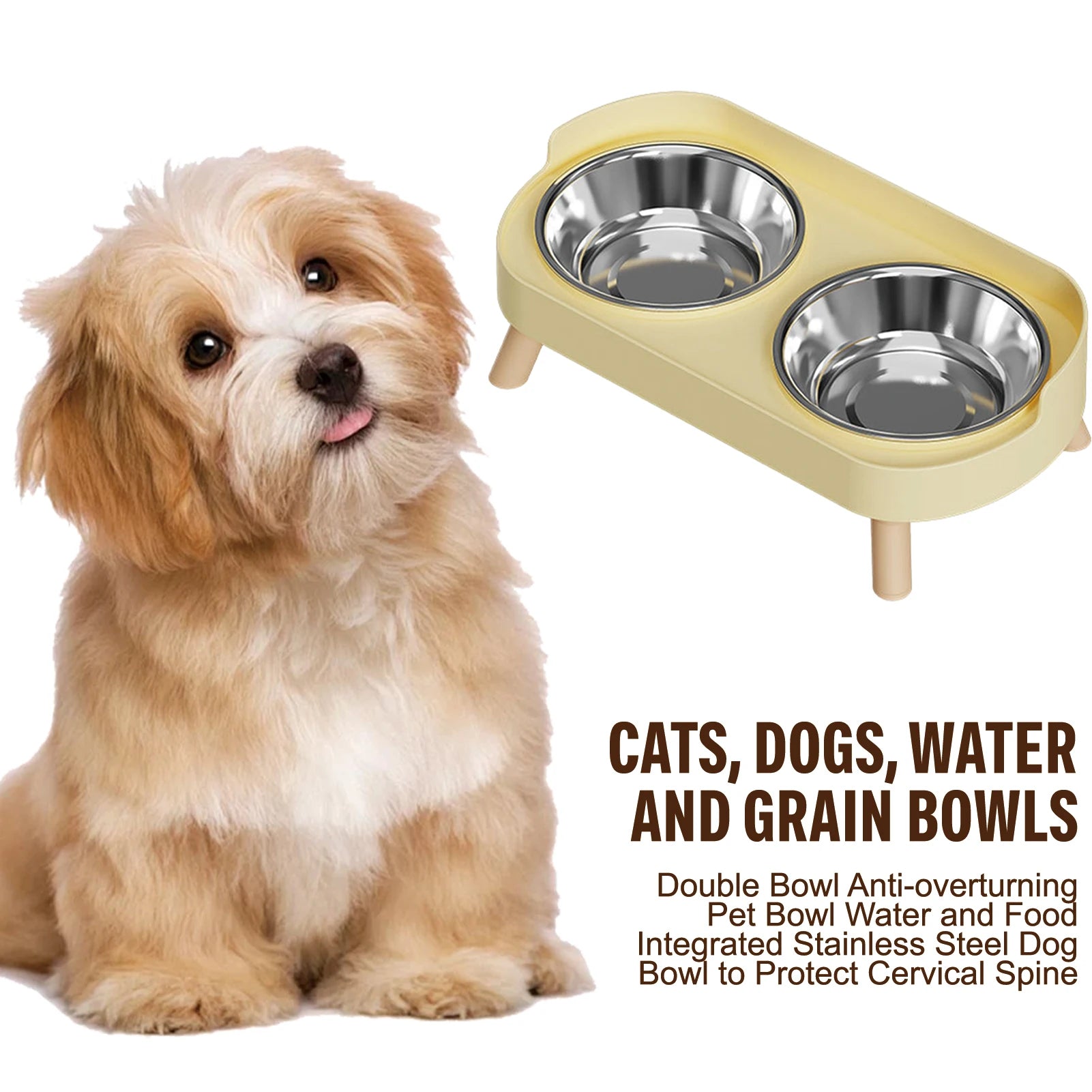 Elevated stainless steel dual pet bowl for cats and dogs to protect cervical spine, anti-slip design, cream color.