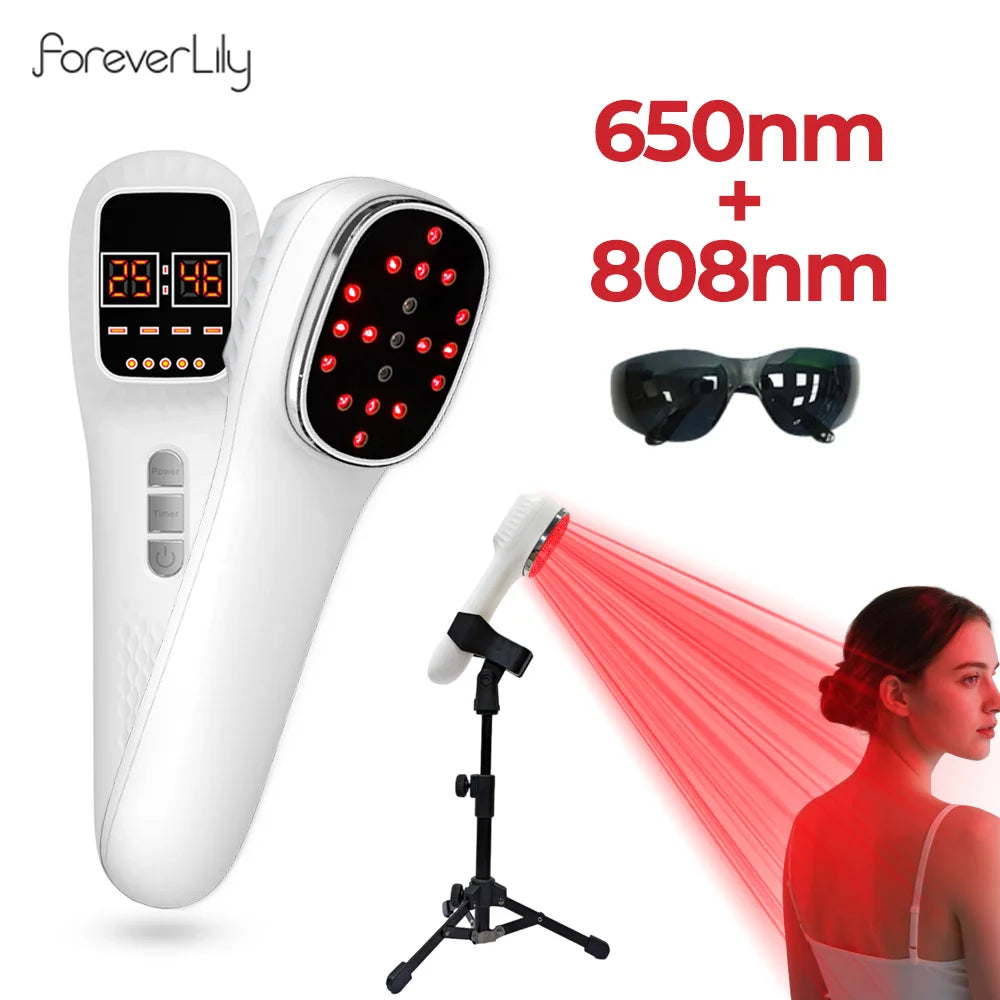 Handheld white red light therapy device with LED display, safety goggles, and a stand, shown treating a person's back.