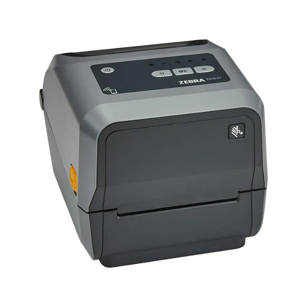 Zebra desktop thermal barcode printer with control panel and label feed window