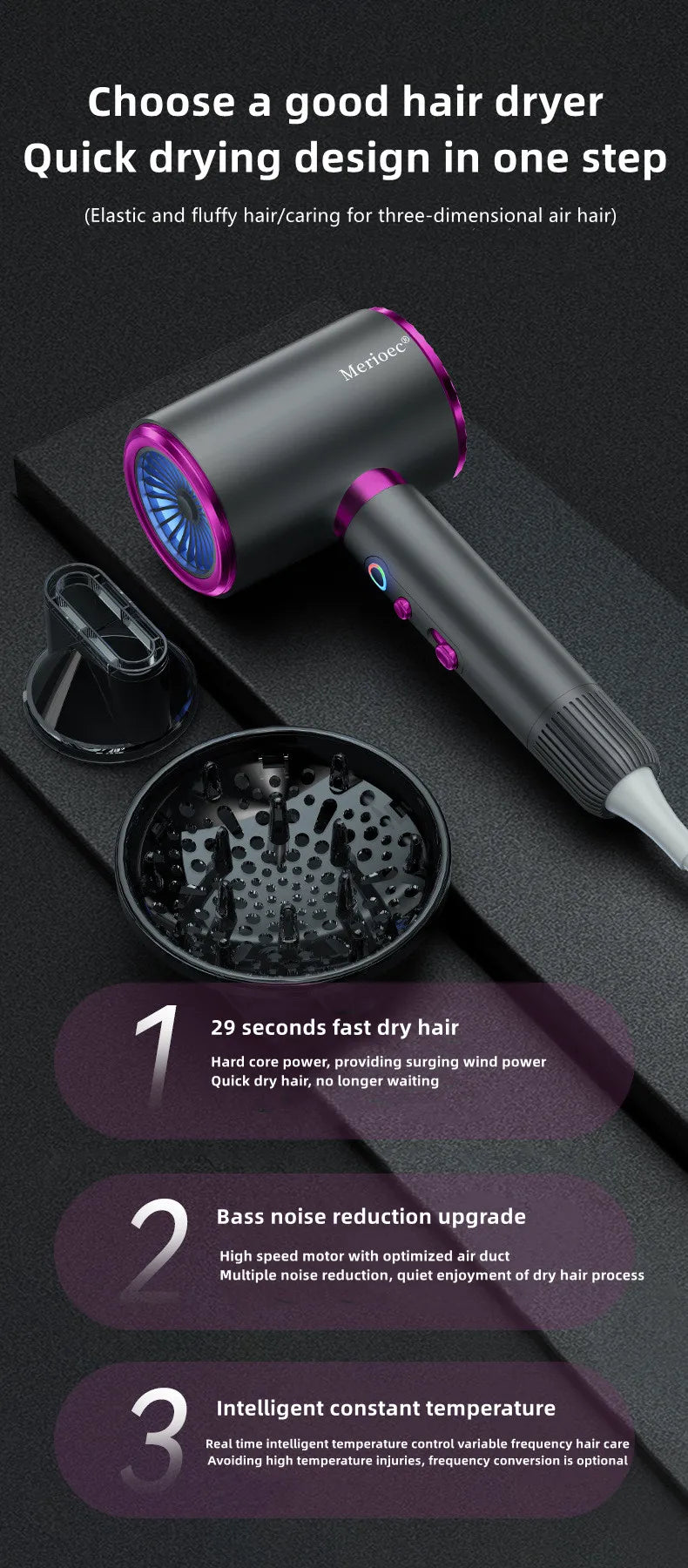 2400W high-speed grey/purple hair dryer with diffuser, styling nozzle, negative ion tech, and quiet, fast-dry motor.