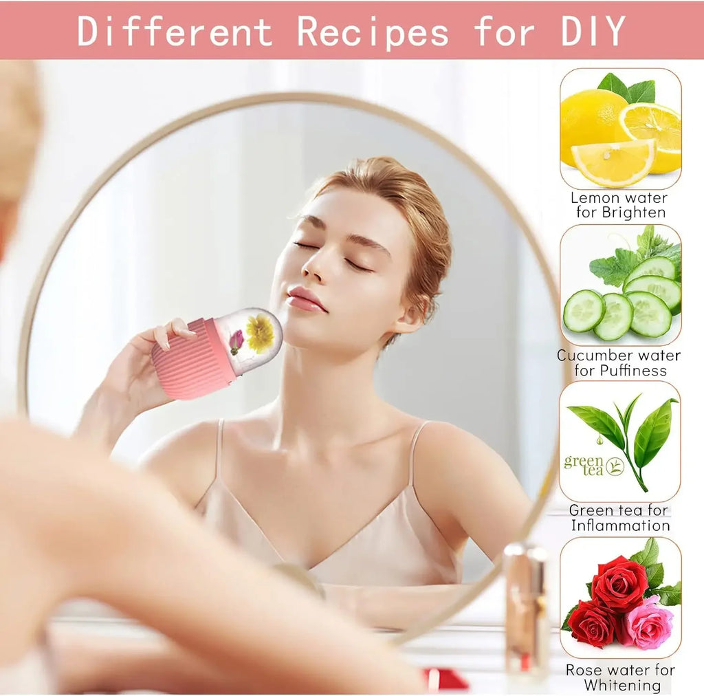 A woman using a pink silicone ice roller on her face, with side panel showing DIY ice recipe ingredients.