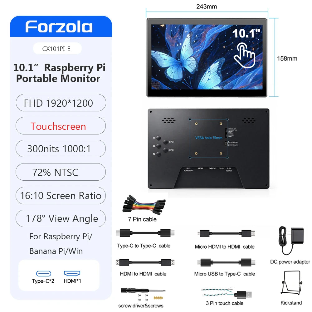 FORZOLA Raspberry Pi Screen 10.1 Touchscreen Monitor 1920x1200 HDMI Monitor IPS Display Free-Driver for Raspberry Pi 5/4/3/2 Win