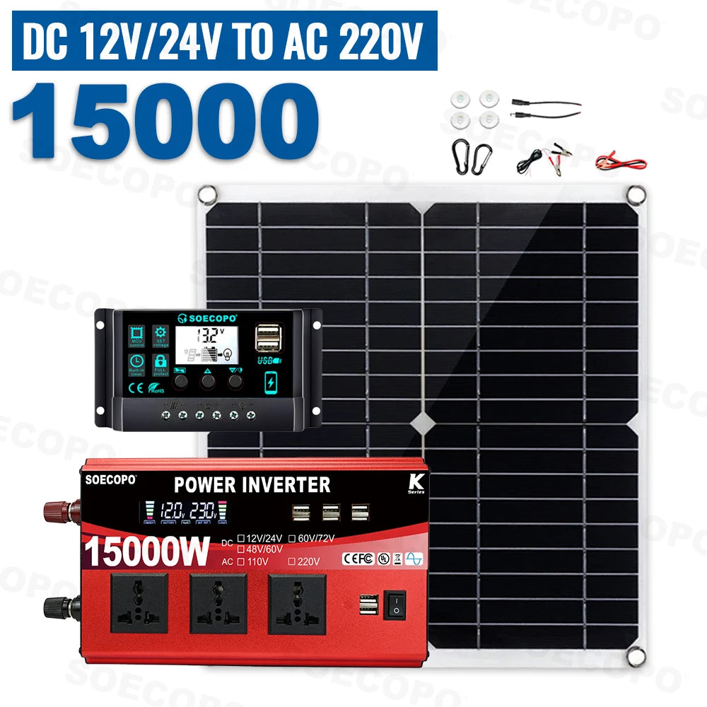 Portable Solar System Kit 15000W Peak 12V 24V To 110V 220V Inverter 3 Universal Sockets 300W Panel 100A Controller for Home RV