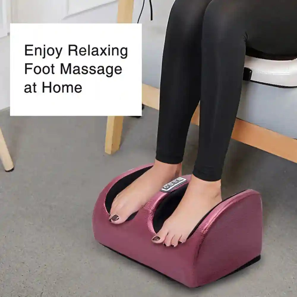 Electric foot massager with heating, shiatsu kneading rollers, and button controls for home pain relief and relaxation.