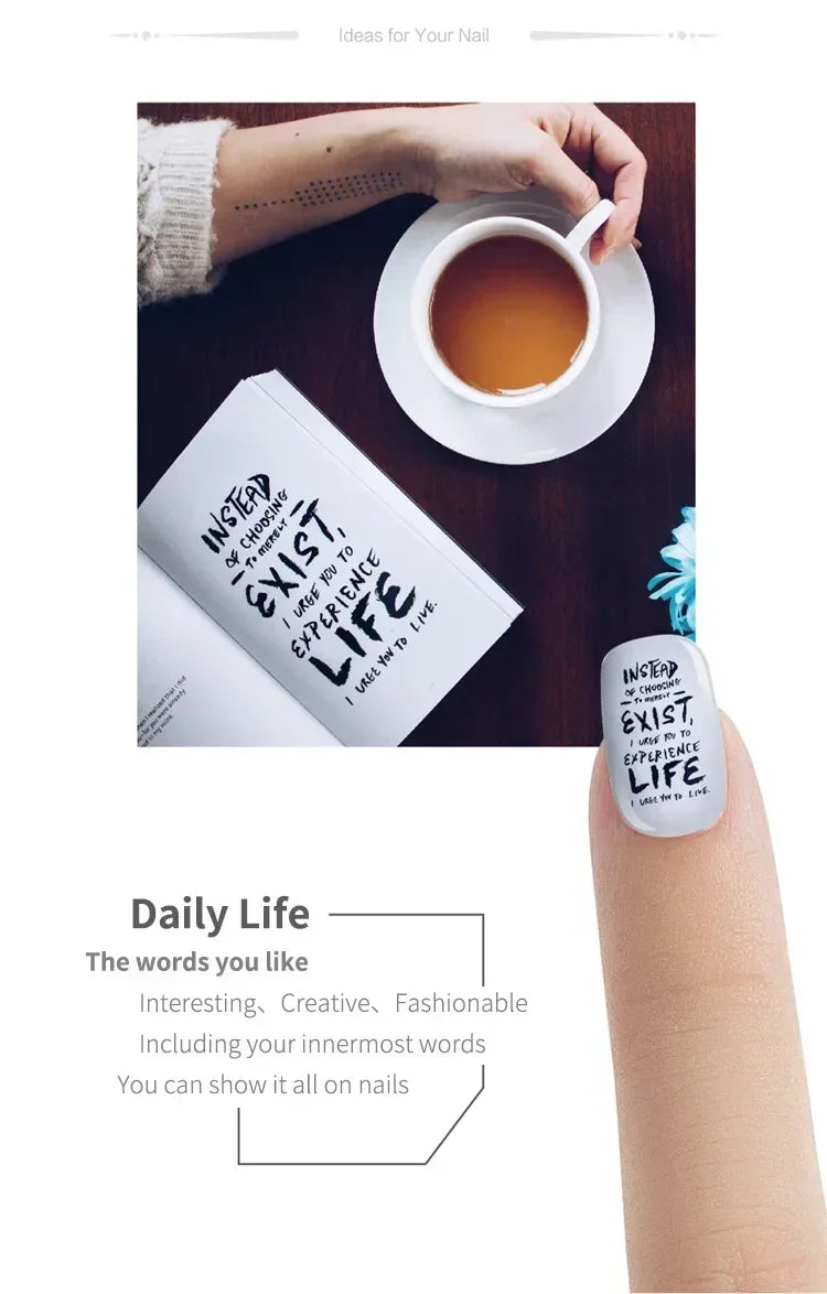 Smart portable 3D nail printer displaying custom text art on a fingernail for DIY home or salon nail beauty design.