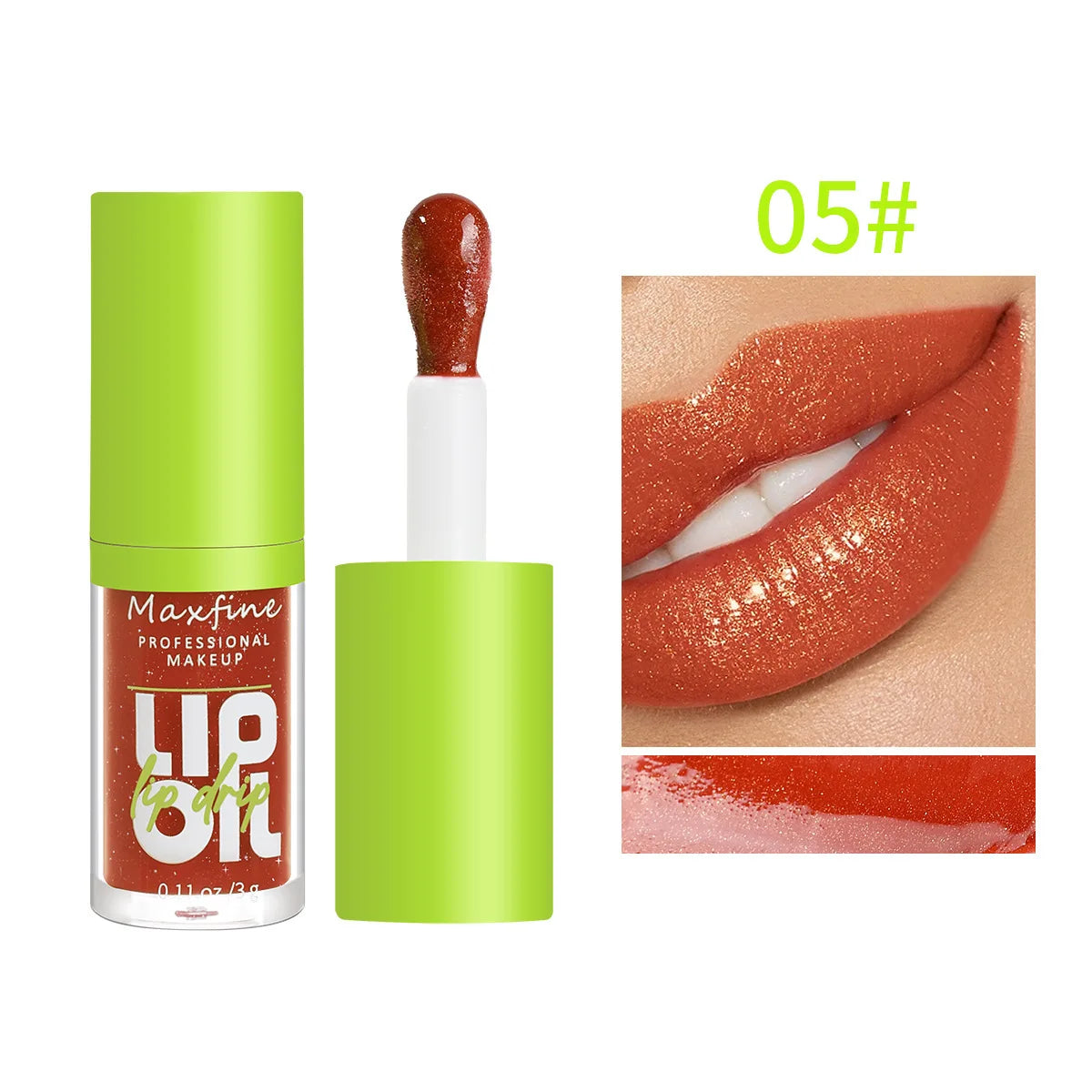 Maxfine waterproof lip gloss in shade 05, a hydrating, high-shine terracotta shimmer lip oil with an applicator.