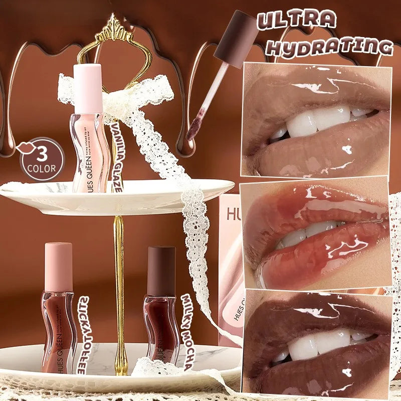 3-piece moisturizing lip gloss set with high-shine, hydrating tints in nude, berry, and mocha shades for glossy lips.