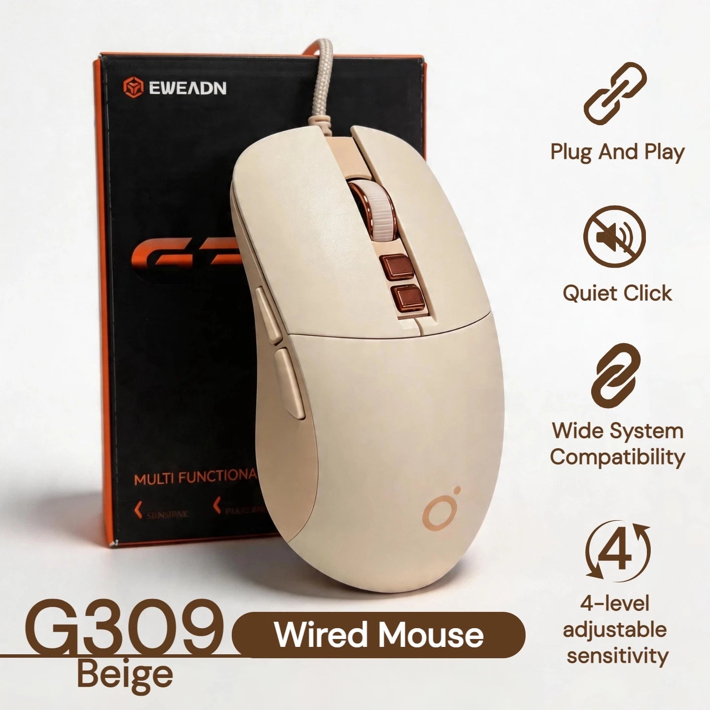 Silent Wired Mouse Aesthetic 2400 DPI Ergonomic USB Optical Computer Mouse for Women Girls Students Office Home Work Laptop PC MacBook Desktop Quiet Click Plug Play Cute Kawaii Mute Mice Sage Green Pink Beige Minimalist Desig