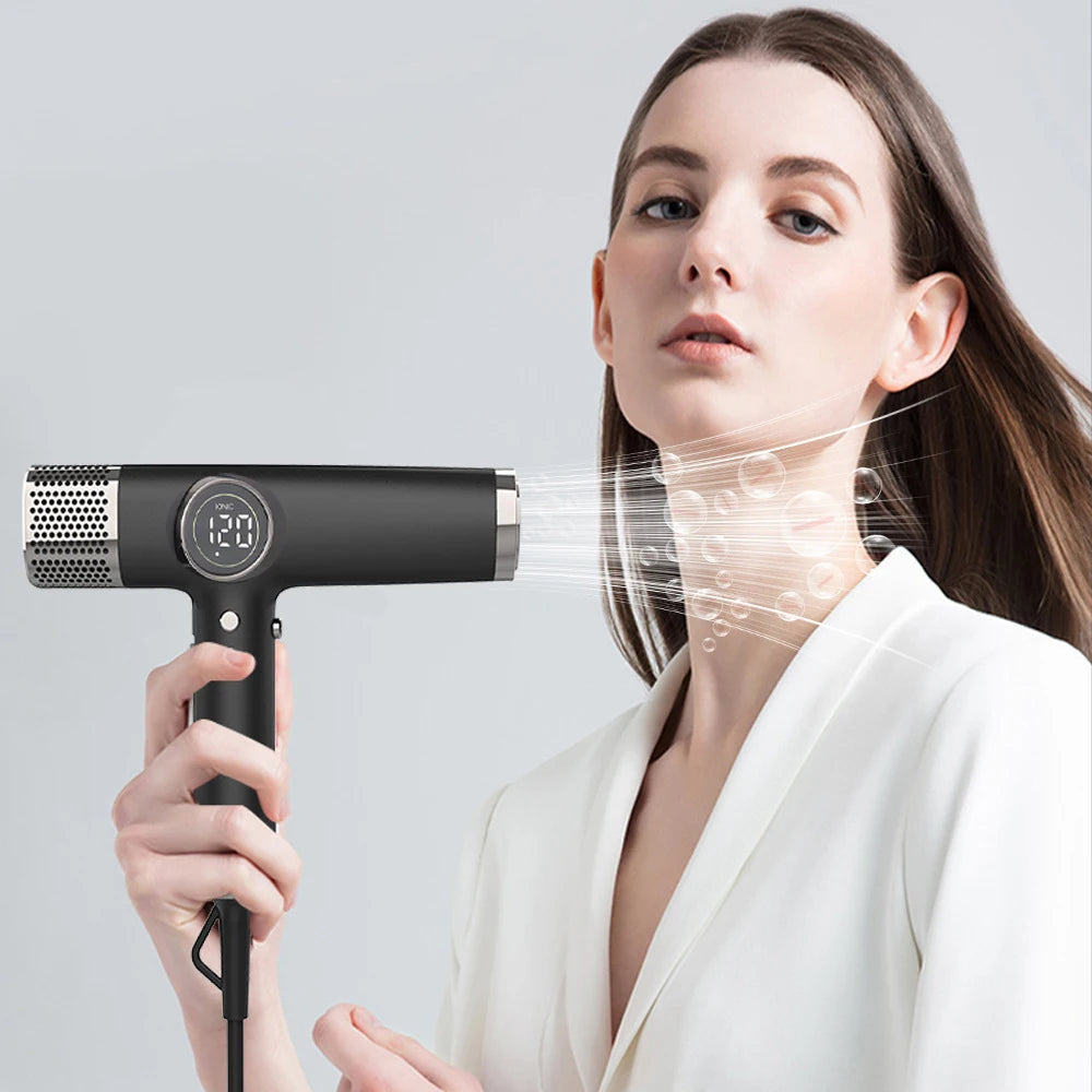 Professional black 1800W ionic hair dryer with LED display and brushless motor for salon-quality blowouts.