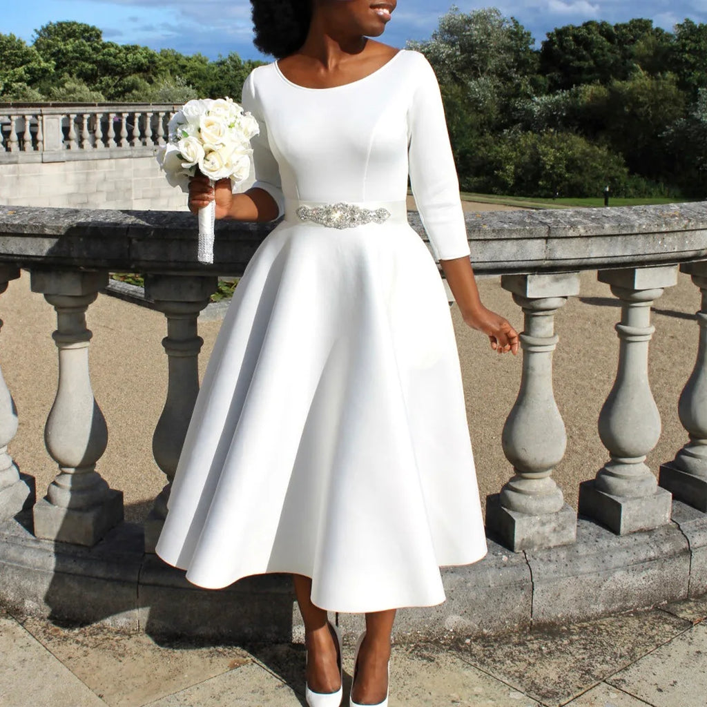 Elegant Pure Color Maxi Dress Evening Gown A- Line Skirt Polyester Fabric round Neck Short Sleeve High Waist Midi Dress