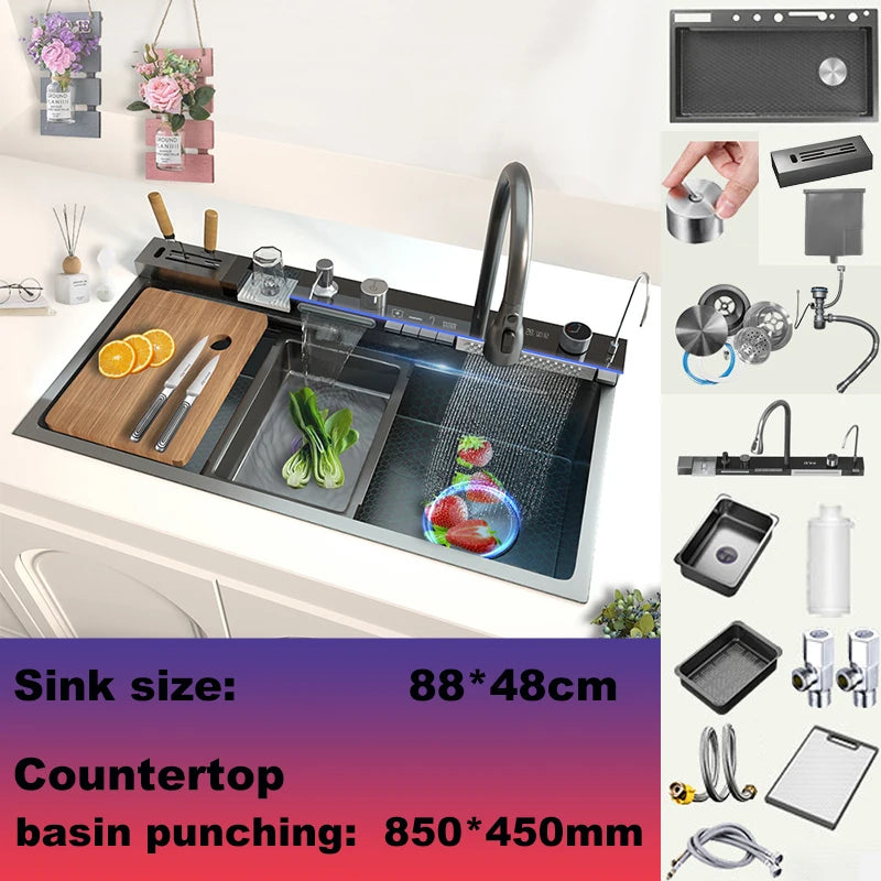 Stainless Steel Kitchen Sink Large Single Slot Multifunctional Waterfall Digital Display Faucet Wash Dish Bowl Undermount Basin