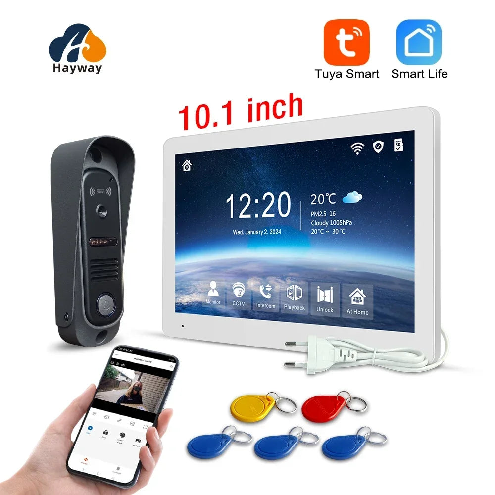 Video intercom kit with 10.1 inch monitor, door unit, app on phone, and colored key fobs