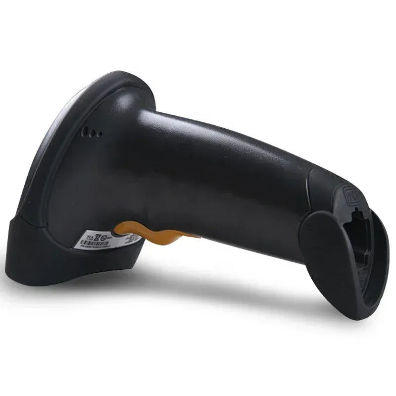 Black handheld barcode scanner rear view with grip and label sticker