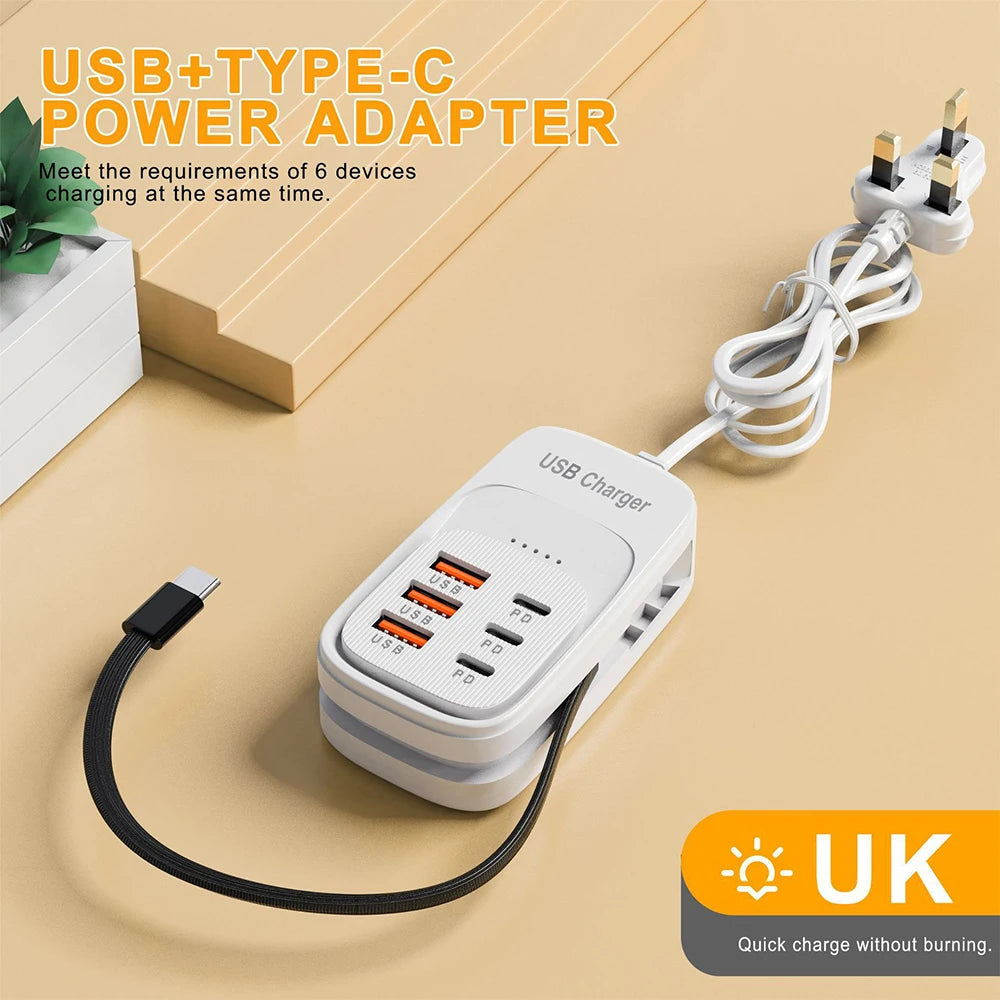 White 6-port USB and Type-C desktop charging station with orange ports and Type-C cable
