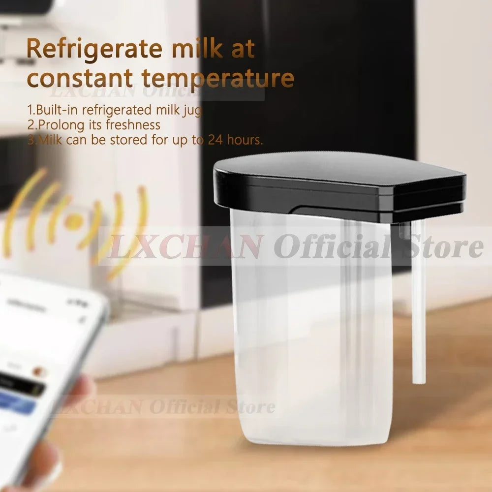 LXCHAN refrigerated milk jug for coffee machines, clear plastic container with black lid, app-controlled storage.
