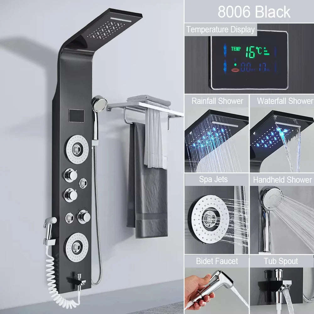 LED Light Shower Faucet Bathroom SPA Massage Jet Shower Column System Waterfall Rain Shower Panel Bidet Sprayer Tap