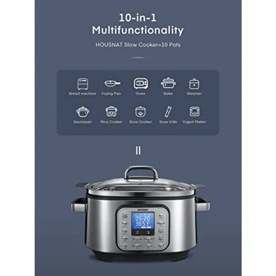 Silver multi-cooker with lid and central display, shown with 10-in-1 program icons