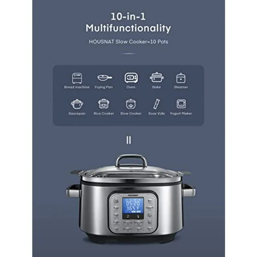 Silver multi-cooker with lid and central display, shown with 10-in-1 program icons