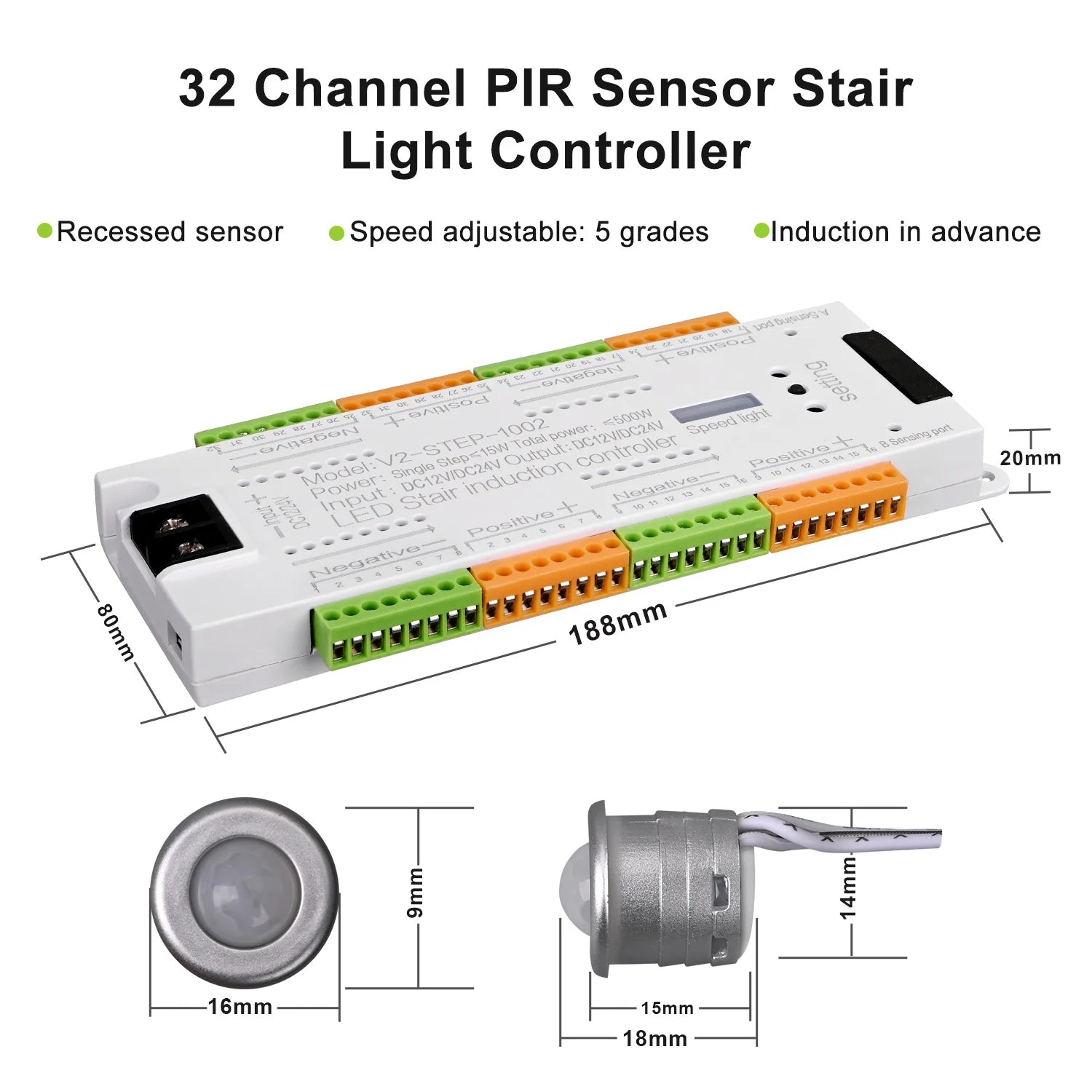 V2 PIR Motion Sensor Stair Light Controller 32 Channels LED Stair Controller For Stairway Dim LED Strip Lighting DC12V 24V