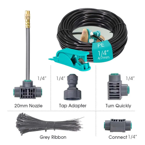 Irrigation timer hose kit with 20mm nozzle, tap adapter, quick connectors, and ribbon