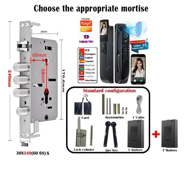 6068,5572,6072,6085 Mortise Lock Tuya Wifi App Camera Smart Digital Lock With Fingerprint Face Key Card Rfid