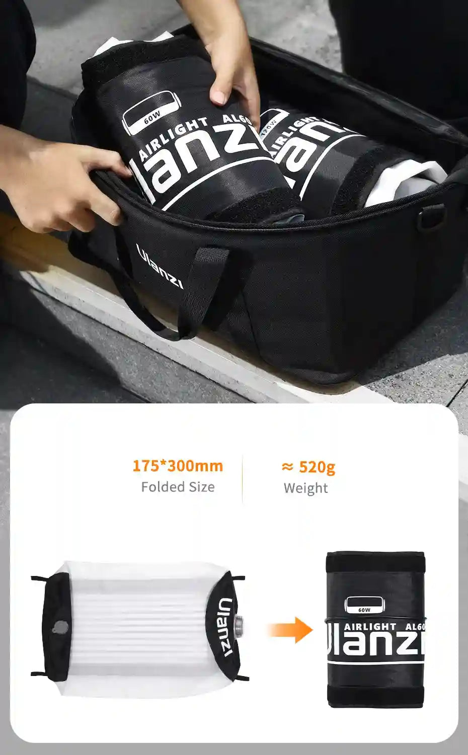 Airlight flexible LED light mat that folds into a compact cylinder for storage in a black fabric carrying bag.