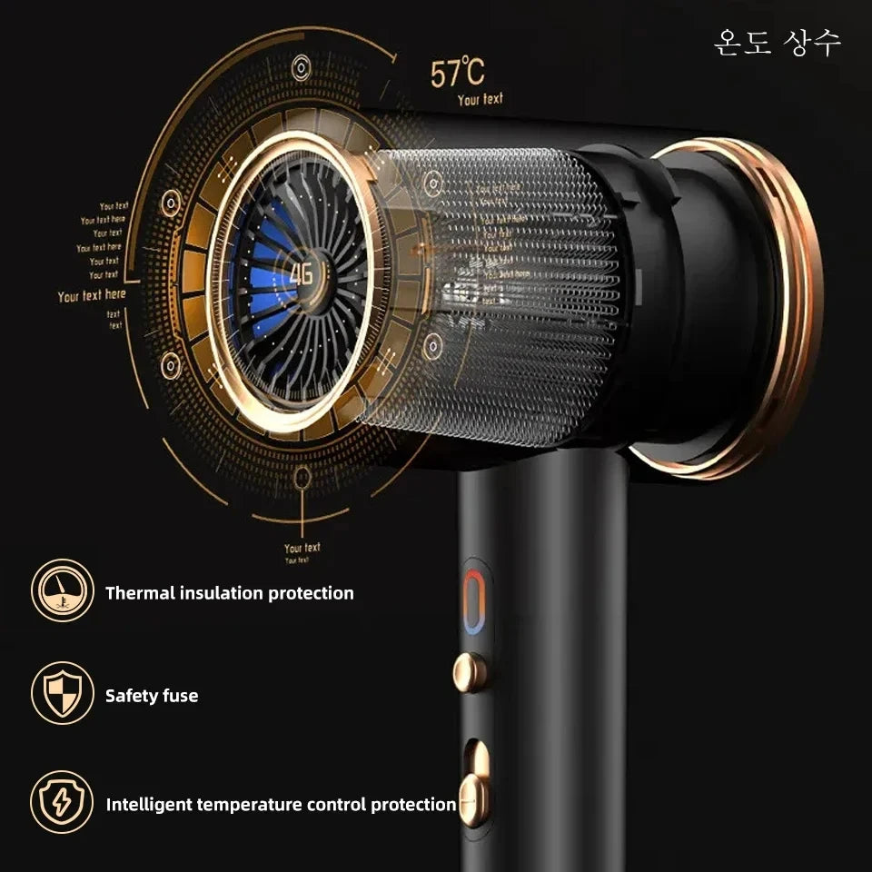 Black and gold F33 high-speed ionic hair dryer with digital temperature control, turbine motor, and heat protection.