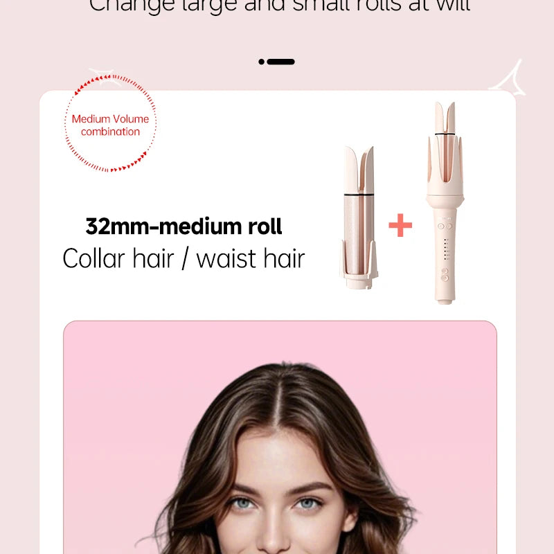 Blush pink automatic curling iron with 32mm styling wand attachment for salon-quality hair curls and volume.