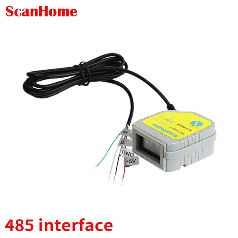 Fixed-mount barcode scanner module with wiring leads and display window, yellow top