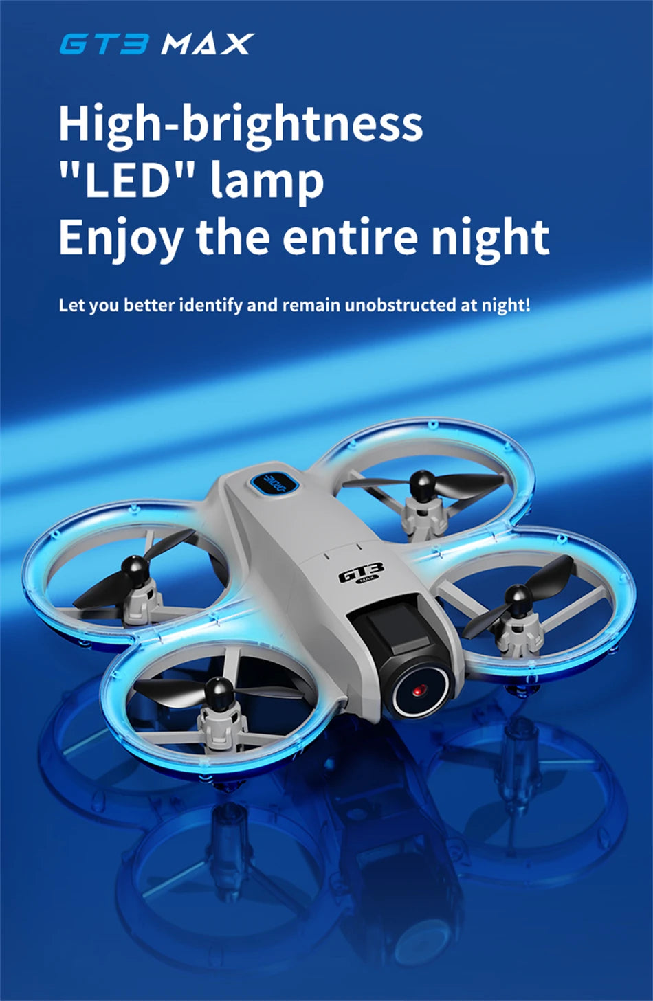 GT3 Max grey quadcopter drone with four propellers, protective ring guards, and blue LED light strips for night flight.