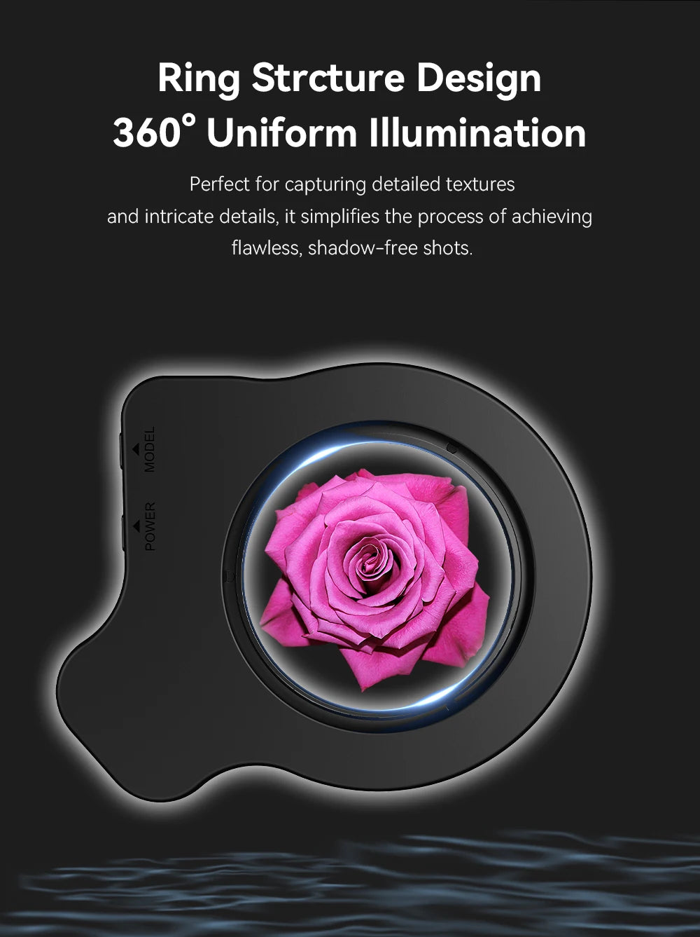 Black ring light with a center opening, used for shadow-free macro photography of small objects like this pink rose.