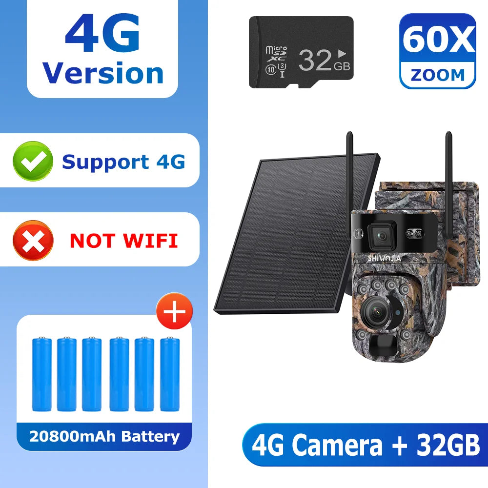 Camouflage outdoor 4G security camera with solar panel and 32GB microSD card